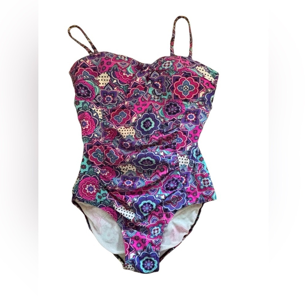 SPANX Assets Swimsuit Size XL Madison Floral Paisley Pink/Purple Blue Twist Topi